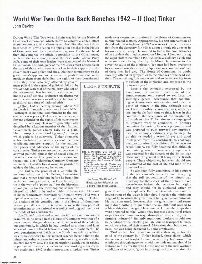 Item #366451 JJ (Joe) Tinker. World War Two: On the Back Benches 1942. An original article from...