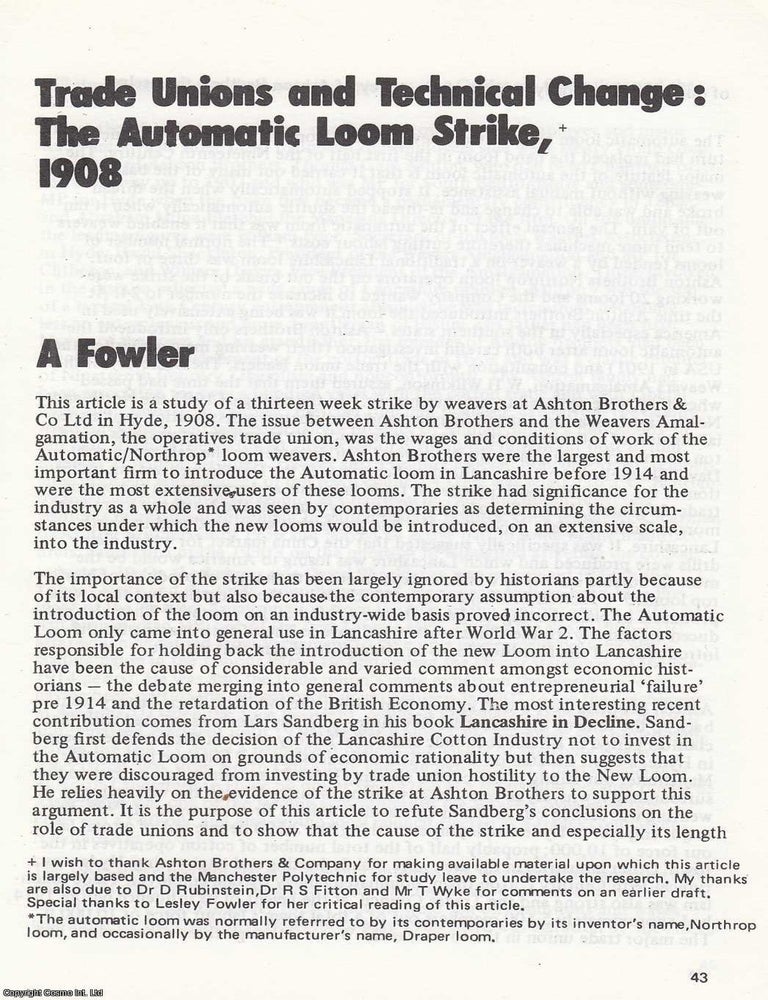 Item #366471 The Automatic Loom Strike, 1908. An original article from North West Labour History...
