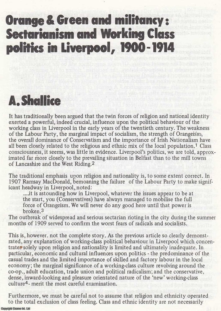 Item #366473 Sectarianism and Working Class politics in Liverpool, 1900-1914. An original article...