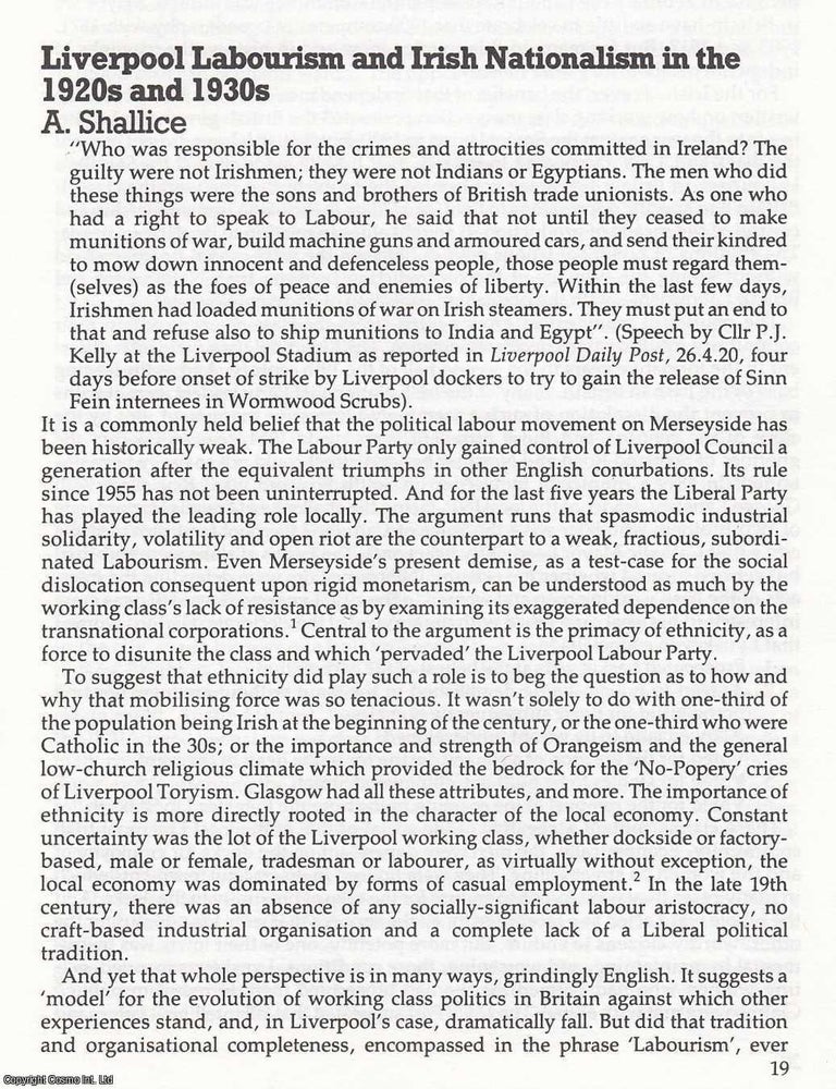 Item #366525 Liverpool Labourism and Irish Nationalism in the 1920s and 1930s. An original...
