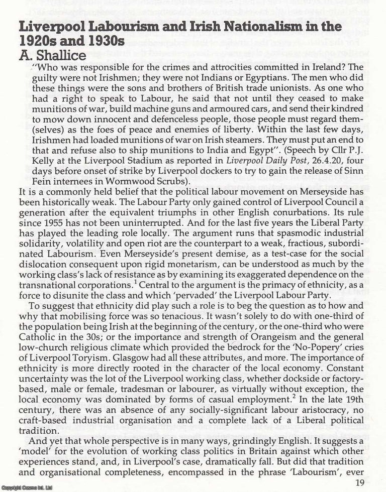 Item #366525 Liverpool Labourism and Irish Nationalism in the 1920s and 1930s. An original...