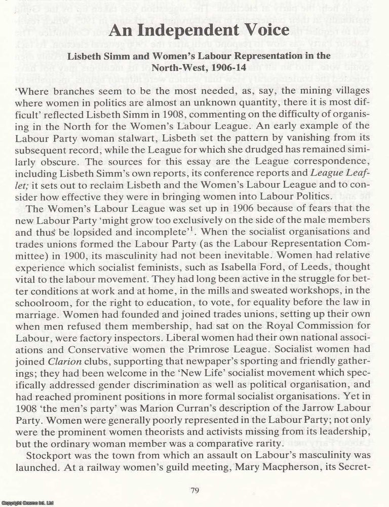 Item #366531 Lisbeth Simm and Women's Labour Representation in the North West, 1906-14. An...