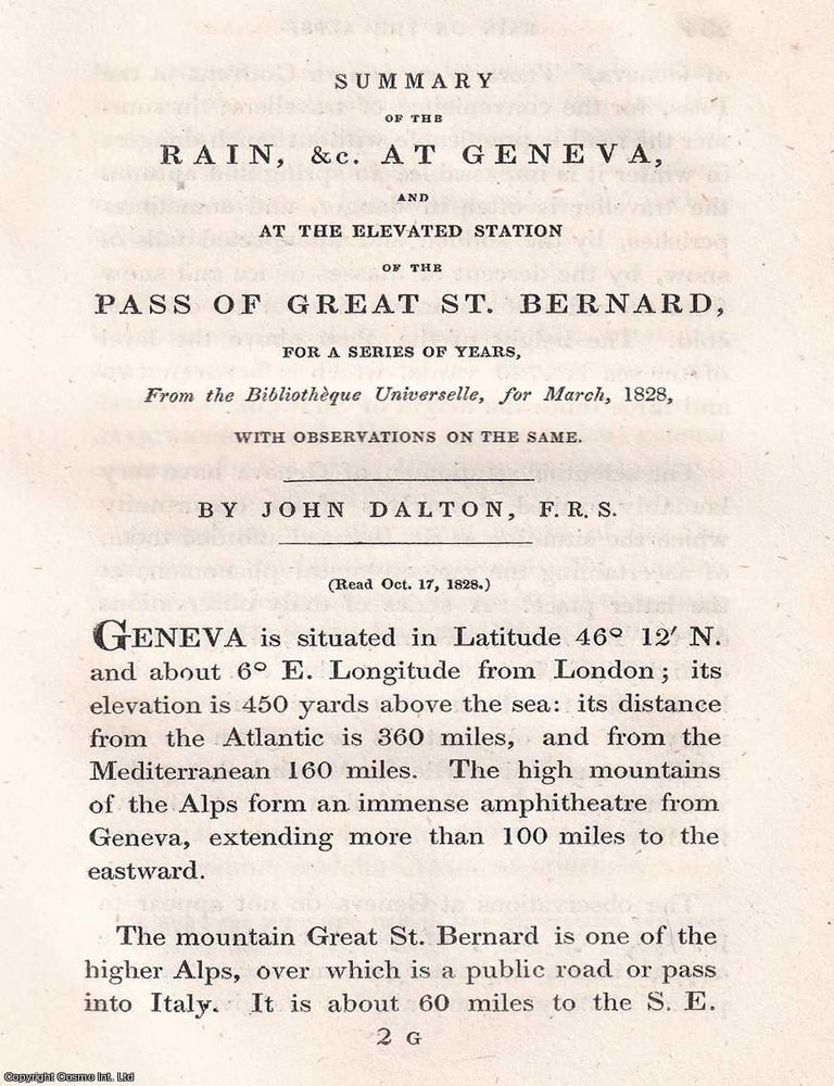 Item #366564 1831: Summary of the Rain, &c. at Geneva, and at the Elevated Station of the...