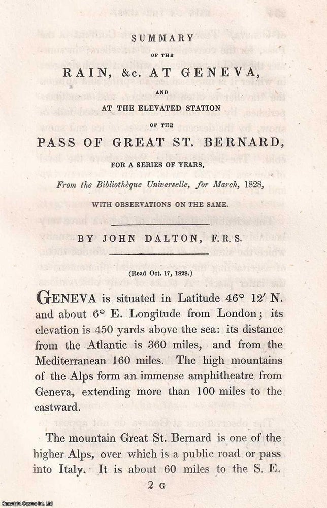 Item #366564 1831: Summary of the Rain, &c. at Geneva, and at the Elevated Station of the...