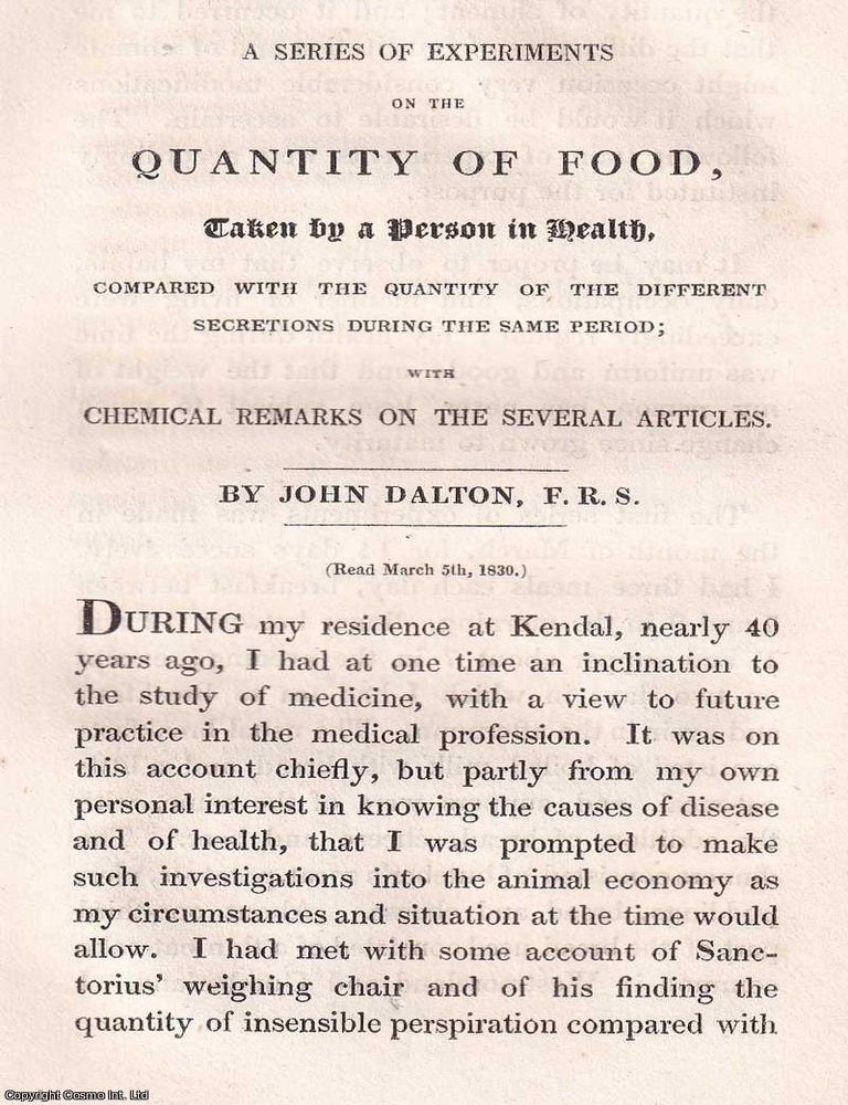 Item #366568 1831: A Series of Experiments on the Quantity of Food, Taken by a Person in Health,...