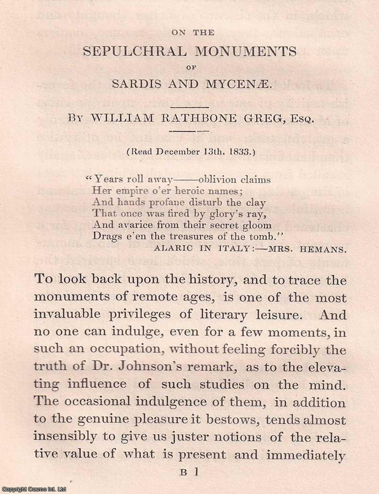 Item #366574 1842: On the Sepulchral Monuments of Sardis and Mycenae. With a plan & 2 plates....