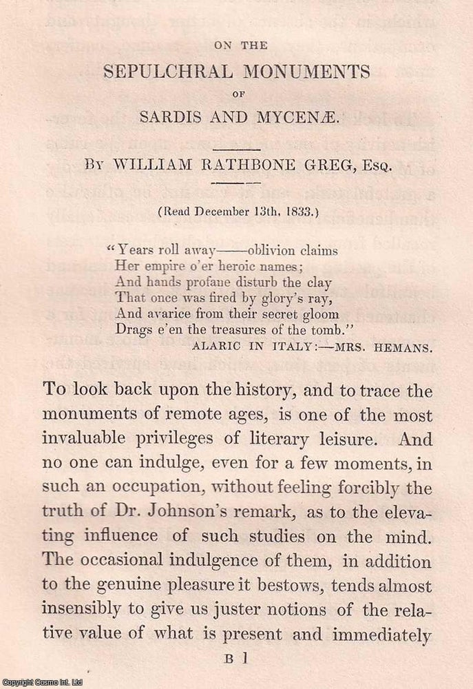Item #366574 1842: On the Sepulchral Monuments of Sardis and Mycenae. With a plan & 2 plates....