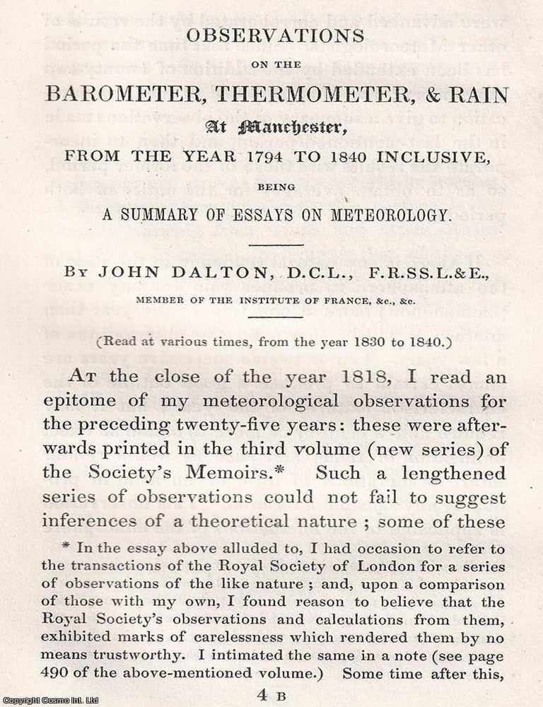 Item #366592 1842: Observations on the Barometer, Thermometer, & Rain at Manchester, from the...