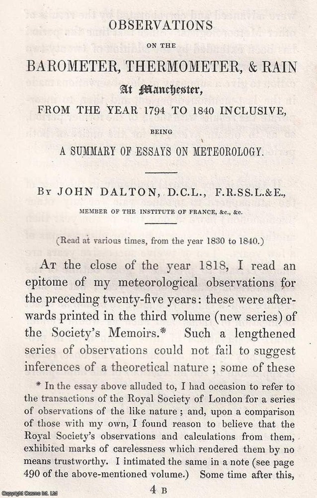 Item #366592 1842: Observations on the Barometer, Thermometer, & Rain at Manchester, from the...