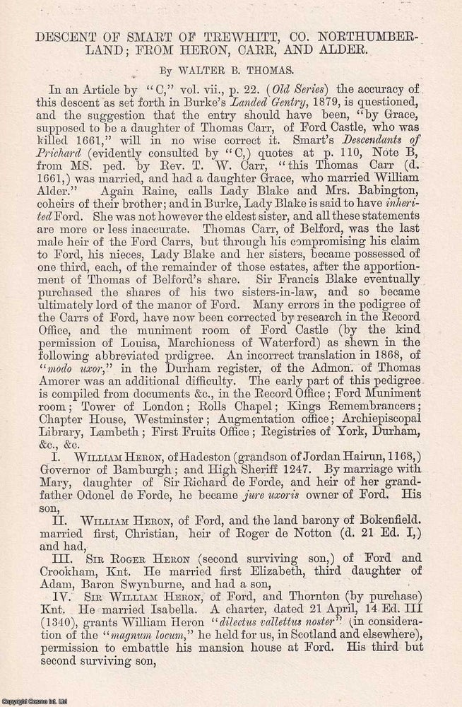 Item #366633 Descent of Smart of Trewhitt, (part 1) Northumberland; from Heron, Carr, and Alder....