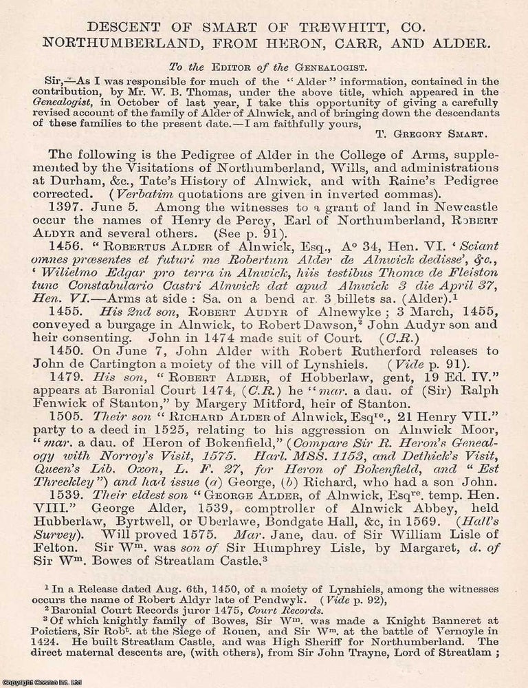 Item #366636 Descent of Smart of Trewhitt, (part 2) Northumberland, from Heron, Carr and Alder....