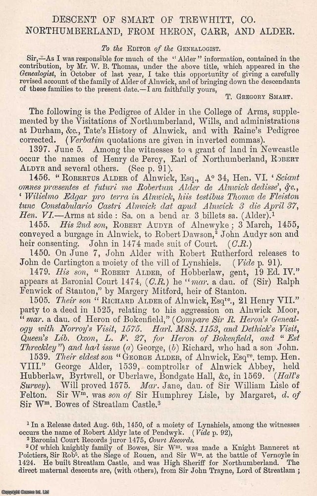 Item #366636 Descent of Smart of Trewhitt, (part 2) Northumberland, from Heron, Carr and Alder....