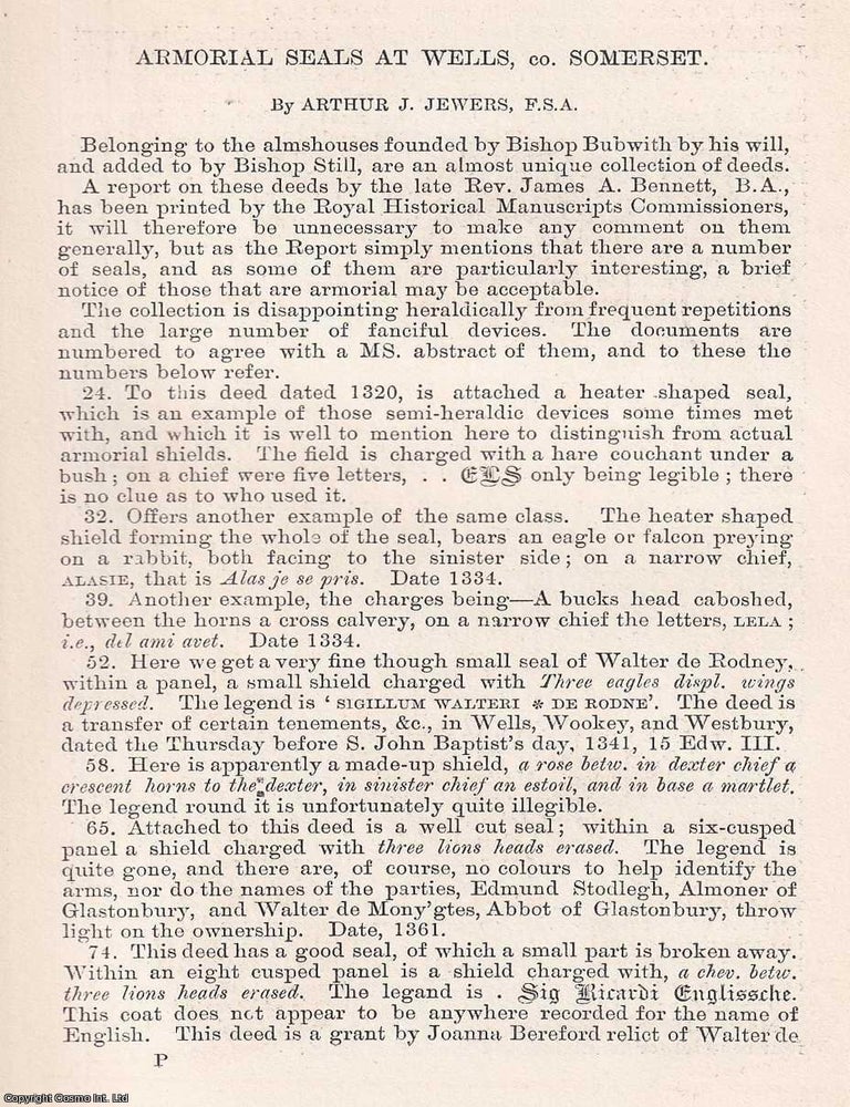 Item #366639 Armorial Seals at Wells, Somerset. 8 pages, 2 plates. An article printed in 1891,...