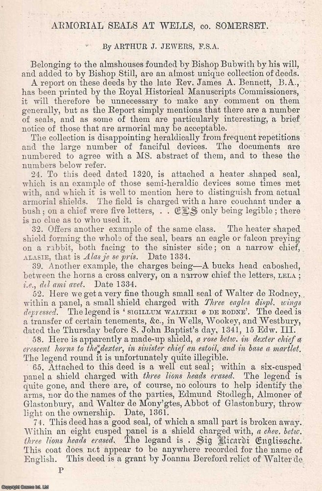 Item #366639 Armorial Seals at Wells, Somerset. 8 pages, 2 plates. An article printed in 1891,...