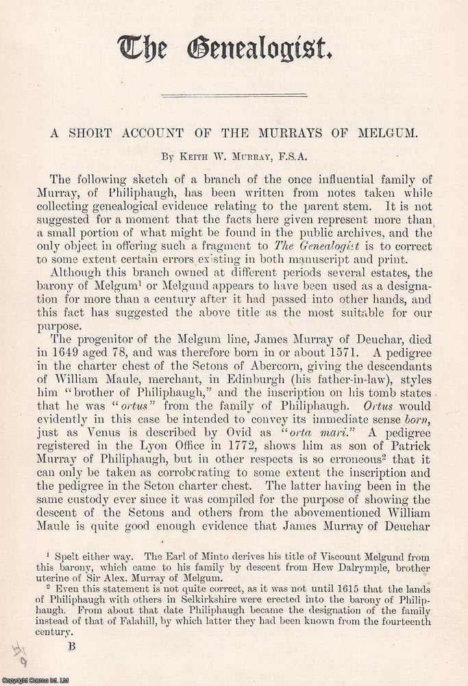 Item #366646 A Short Account of The Murrays of Melgum. 10 pages. An article printed in 1894,...