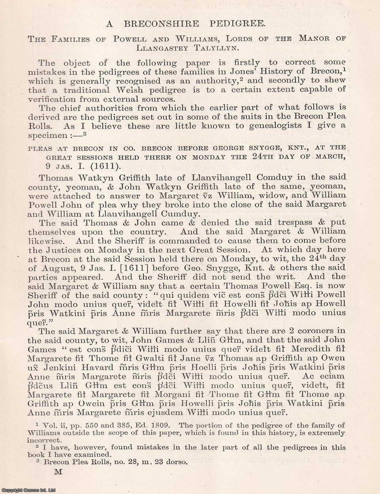 Item #366657 A Breconshire Pedigree. The Families of Powell and Williams, Lords of The Manor of...
