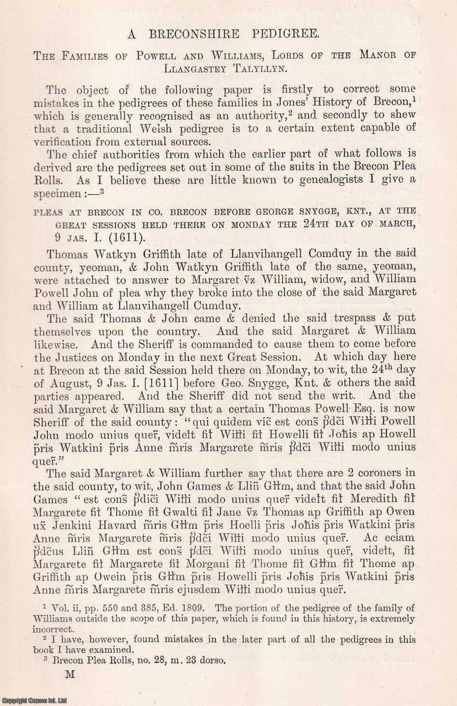 Item #366657 A Breconshire Pedigree. The Families of Powell and Williams, Lords of The Manor of...