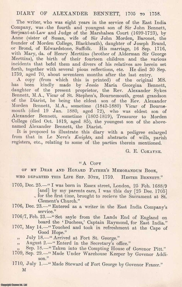 Item #366677 Diary of Alexander Bennett, 1705 to 1758. 23 pages. An article printed in 1903,...