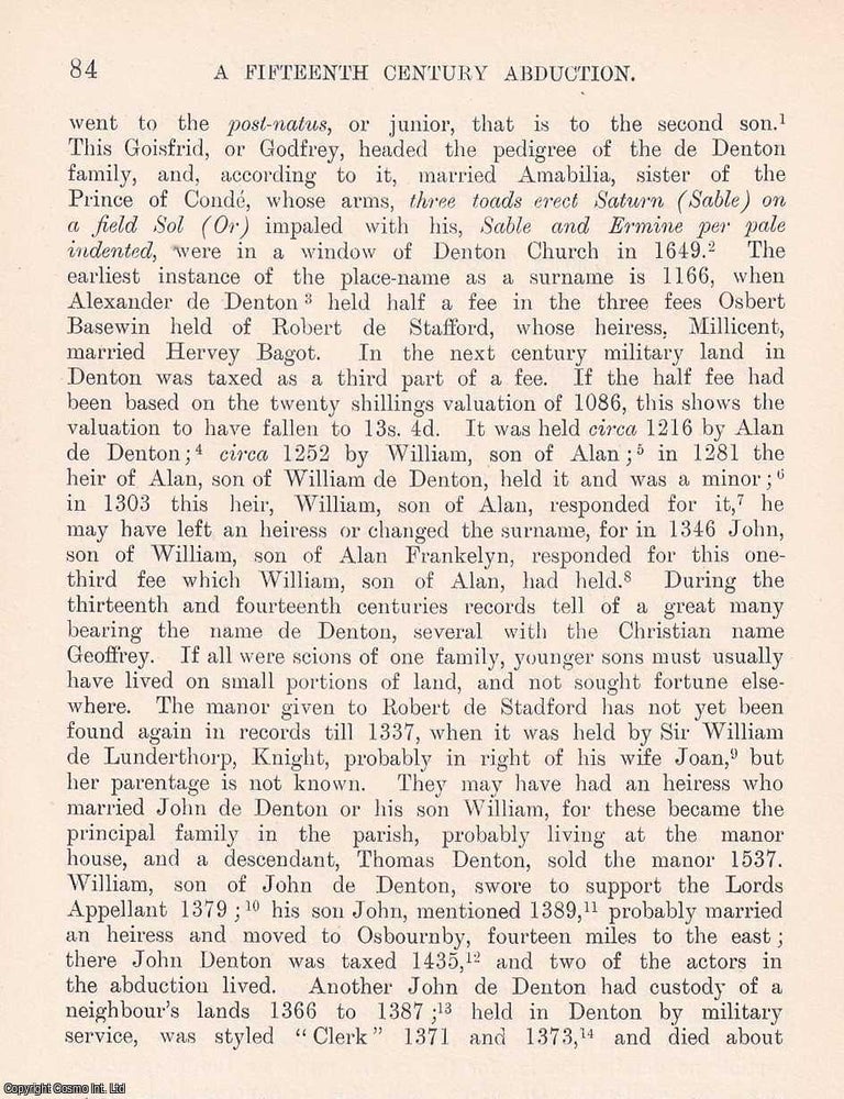Item #366687 A Fifteenth Century Abduction. 6 pages. An article printed in 1907, written by...