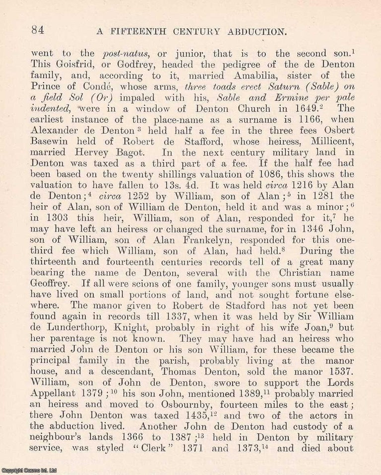 Item #366687 A Fifteenth Century Abduction. 6 pages. An article printed in 1907, written by...