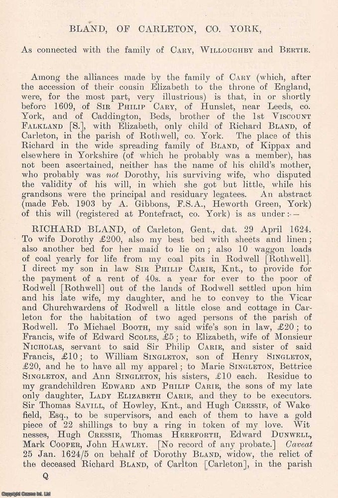 Item #366688 Bland, of Carleton, York. 6 pages. An article printed in 1907, written by G. E....