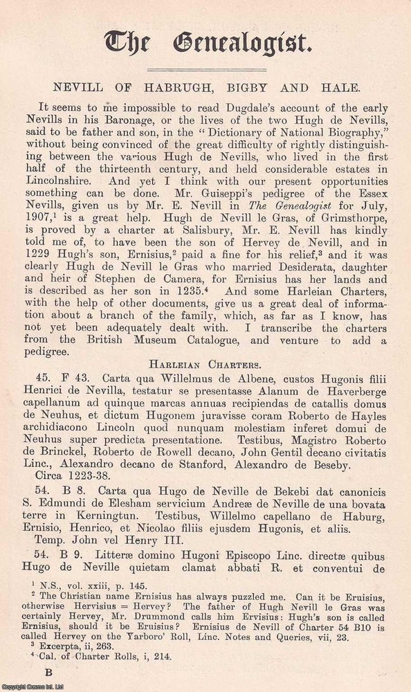 Item #366694 Nevill of Habrugh, Bigby and Hale. An original article from The Genealogist, 1908....