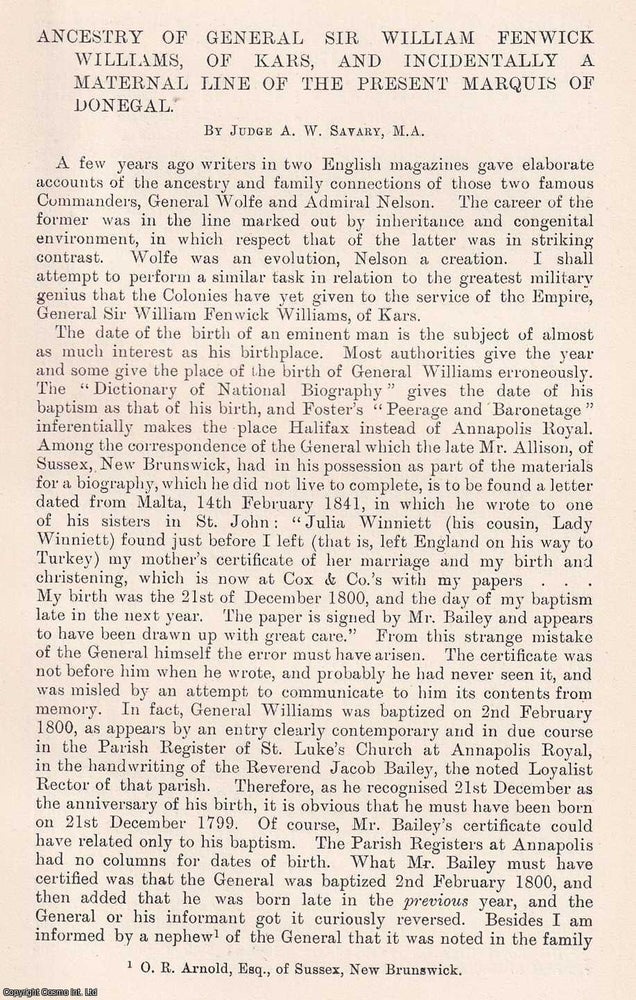 Item #366708 Ancestry of General Sir William Fenwick Williams, of Kars, and Incidentally a...