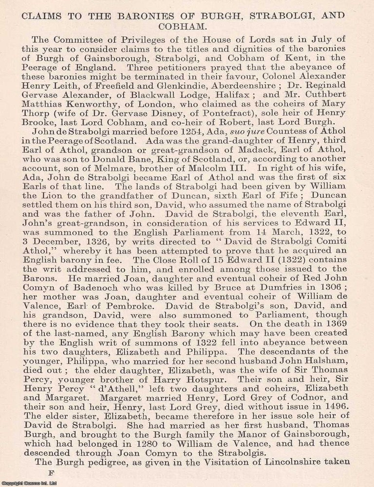 Item #366715 Claims to The Baronies of Burgh, Strabolgi, and Cobham. 6 pages. An article printed...