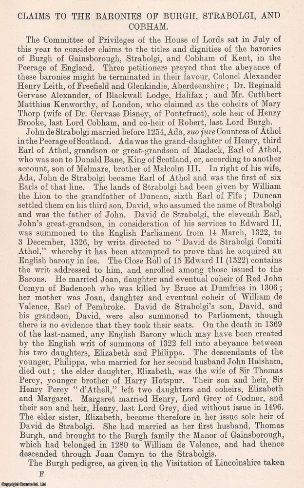 Item #366715 Claims to The Baronies of Burgh, Strabolgi, and Cobham. 6 pages. An article printed...