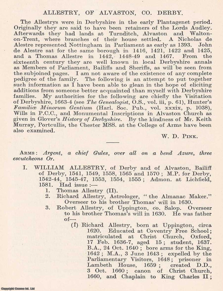 Item #366726 Allestry, of Alvaston, Derby. 8 pages. An article printed in 1916, written by W. D....