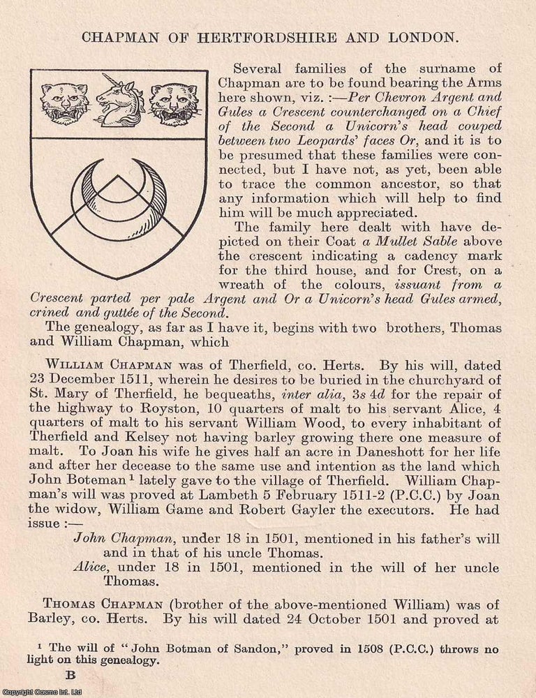 Item #366731 Chapman of Hertfordshire and London. 5 pages. An article printed in 1918, written by...