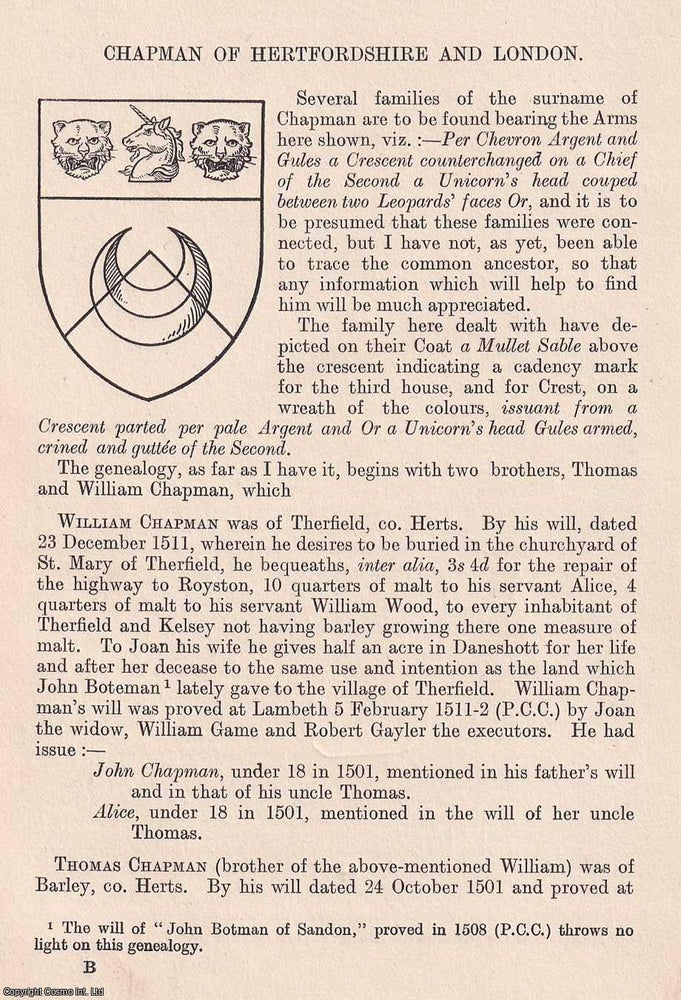 Item #366731 Chapman of Hertfordshire and London. 5 pages. An article printed in 1918, written by...