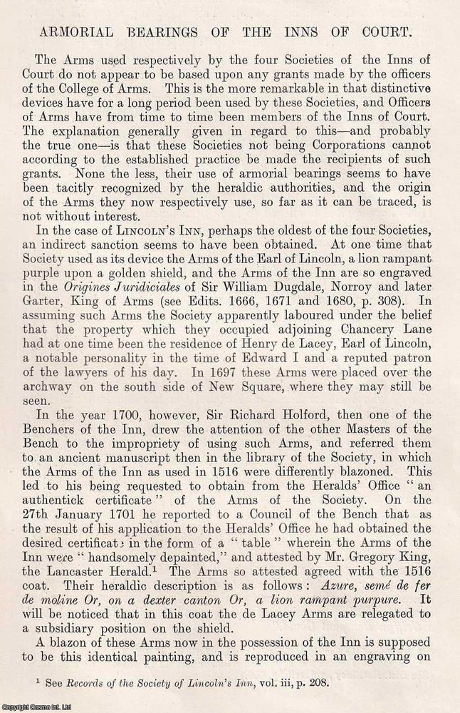 Item #366739 Armorial Bearings of The Inns of Court. 9 pages. An article printed in 1920, written...