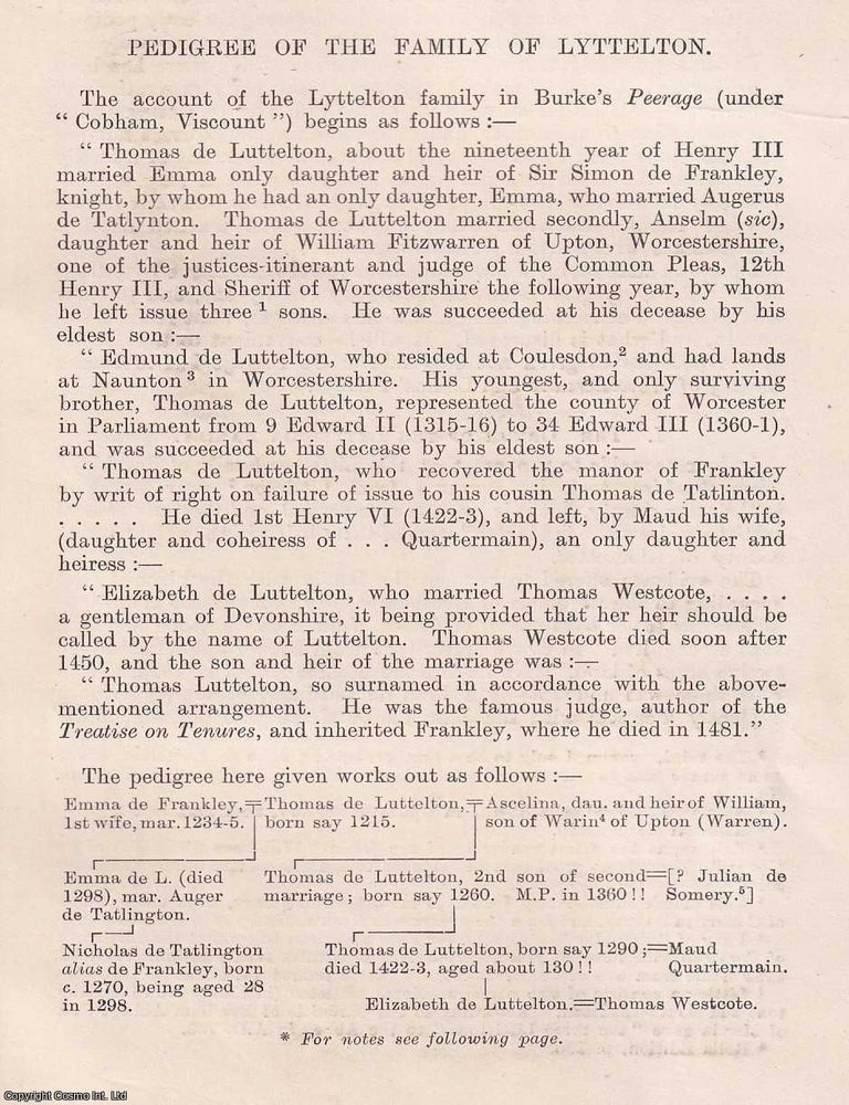 Item #366740 Pedigree of The Family of Lyttelton. An original article from The Genealogist, 1920....