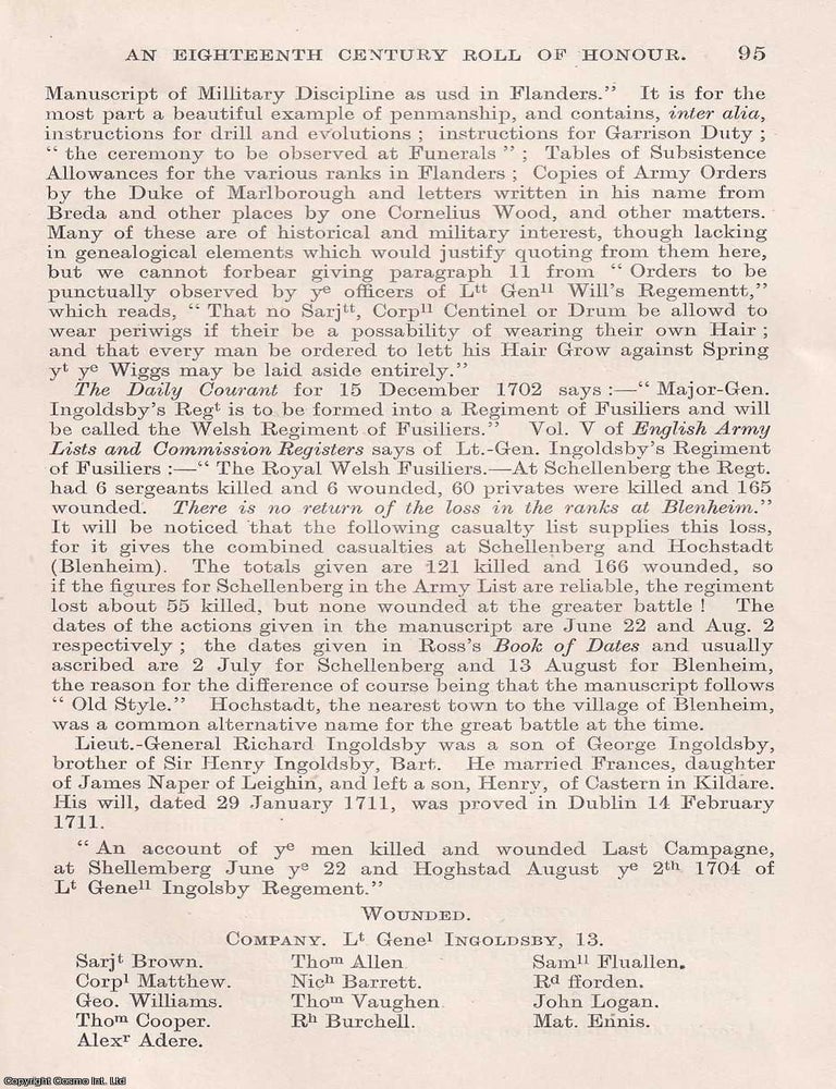 Item #366741 An Eighteenth Century Roll of Honour: Casualties of The Welsh Fusiliers at Blenheim....