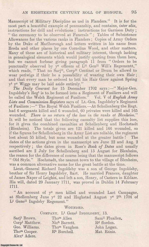 Item #366741 An Eighteenth Century Roll of Honour: Casualties of The Welsh Fusiliers at Blenheim....