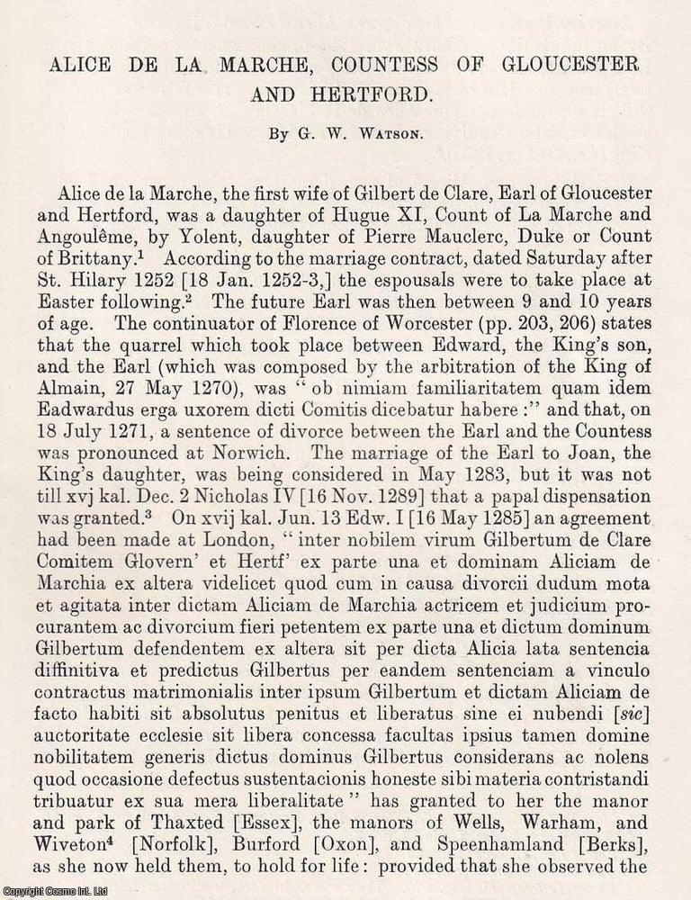 Item #366746 Alice de la Marche, Countess of Gloucester and Hertford. 4 pages. An article printed...