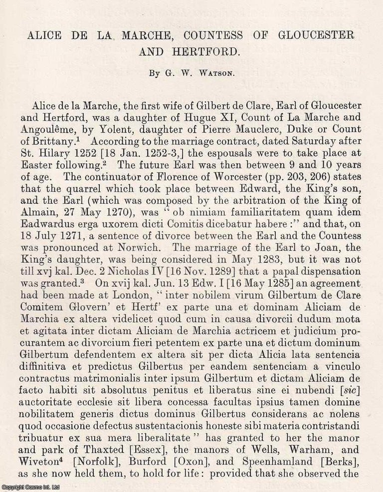 Item #366746 Alice de la Marche, Countess of Gloucester and Hertford. 4 pages. An article printed...