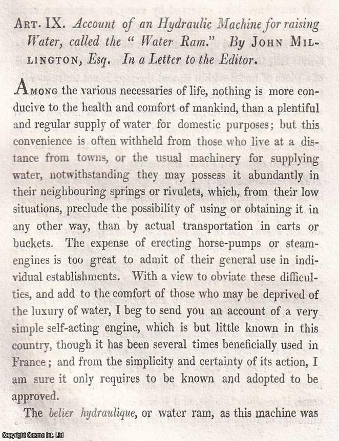 Item #366965 Account of an Hydraulic Machine for raising Water, called the Water Ram. 5 pages, 1...