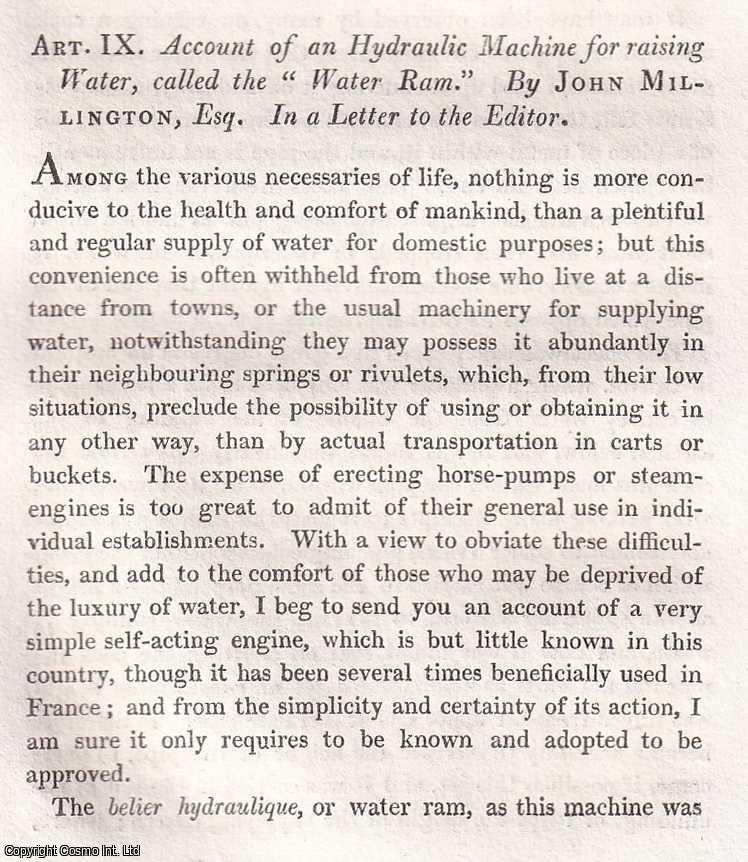 Item #366965 Account of an Hydraulic Machine for raising Water, called the Water Ram. 5 pages, 1...