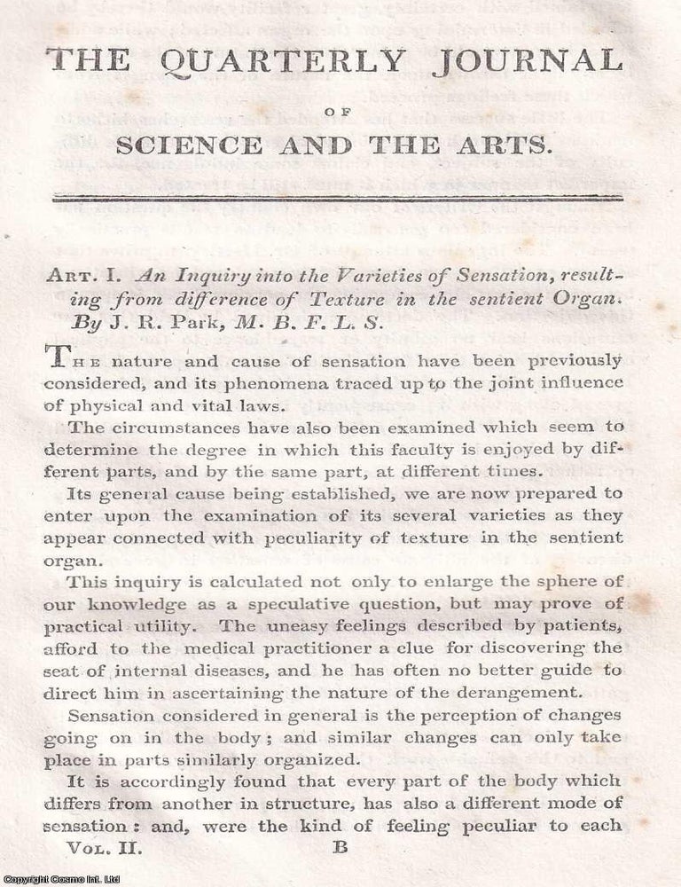 Item #366970 An Inquiry into the Varieties of Sensation, resulting from difference of Texture in...