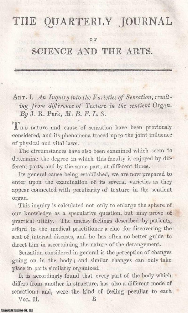 Item #366970 An Inquiry into the Varieties of Sensation, resulting from difference of Texture in...