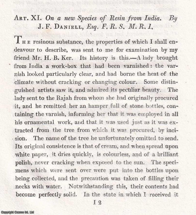 Item #366982 A new Species of Resin from India. 4 pages. An article printed in 1817, written by...