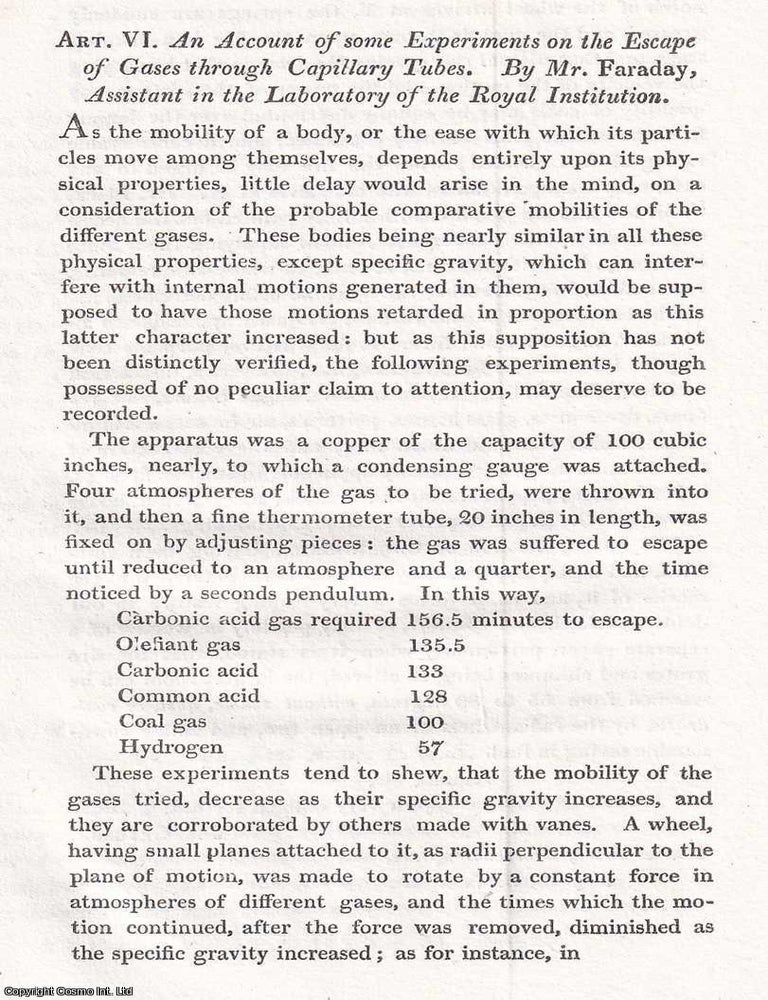 Item #366985 An Account of some Experiments on the Escape of Gases through Capillary Tubes. 2...