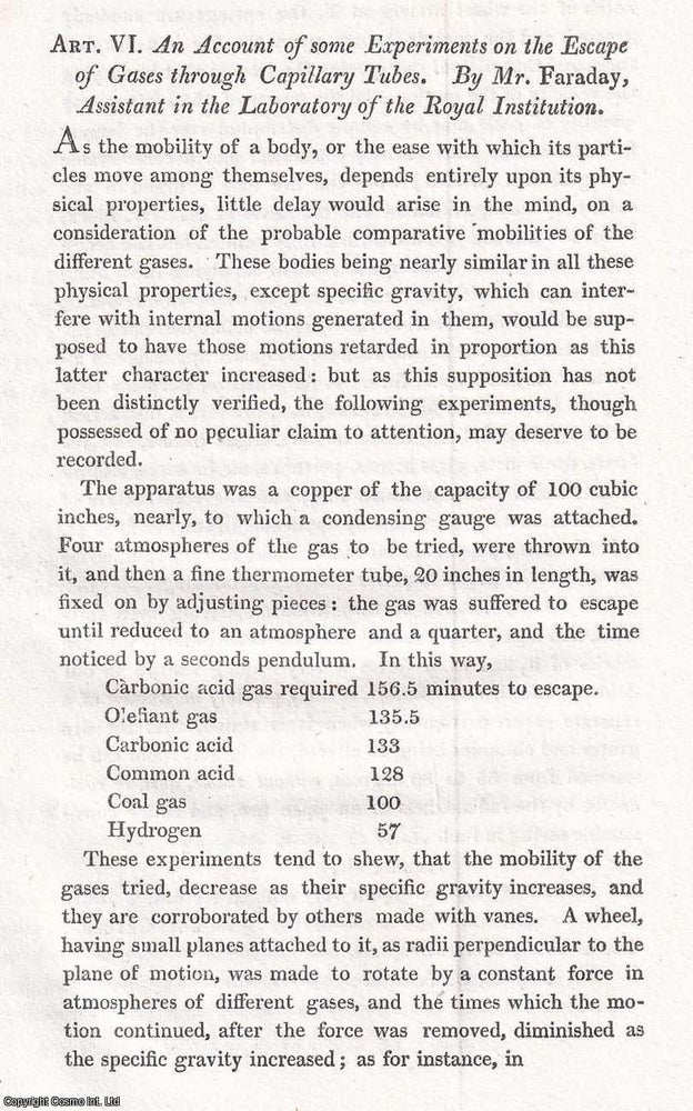 Item #366985 An Account of some Experiments on the Escape of Gases through Capillary Tubes. 2...