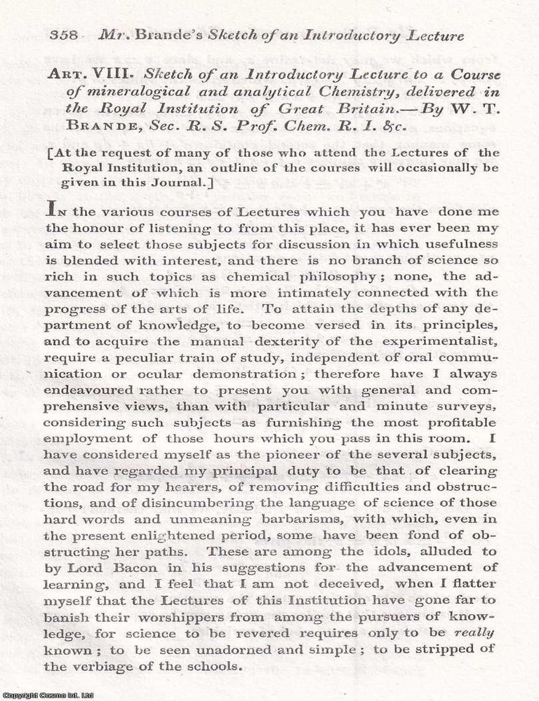 Item #366986 Sketch of an Introductory Lecture to a Course of mineralogical and analytical...