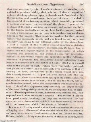 A new Hygrometer, which measures the Force & Weight of aqueous Vapour in the Atmosphere, & the corresponding Degree of Evaporation. 28 pages, 3 tables, 1 plate. An article printed in 1820, written by J.F. Daniell, Esq. F.R.S. & M.R.I.