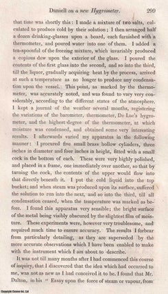 A new Hygrometer, which measures the Force & Weight of aqueous Vapour in the Atmosphere, & the corresponding Degree of Evaporation. 28 pages, 3 tables, 1 plate. An article printed in 1820, written by J.F. Daniell, Esq. F.R.S. & M.R.I.
