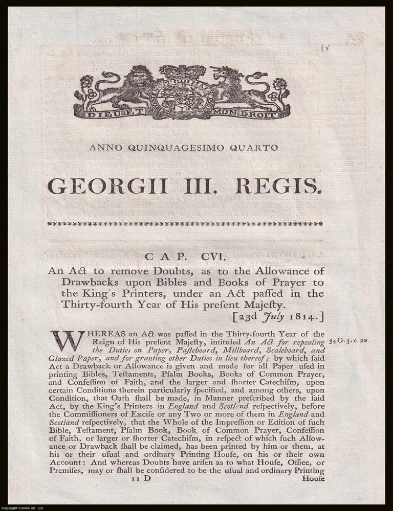 Item #367027 George 3rd : An Act to remove Doubts, as to the Allowance of Drawbacks upon Bibles...