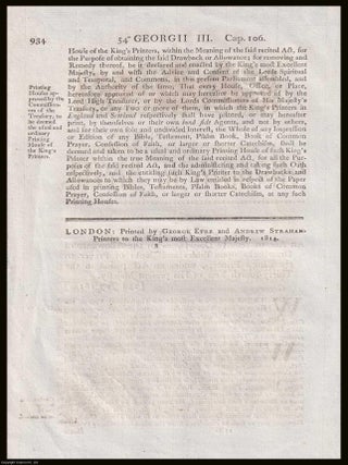 George 3rd : An Act to remove Doubts, as to the Allowance of Drawbacks upon Bibles and Books of Prayer to the King's Printers, under an Act passed in the 34th Year of George 3rd. 23rd July 1814.